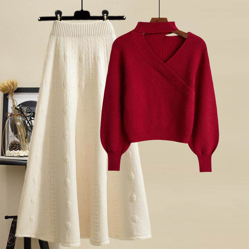 レッドセーター+アプリコットスカート