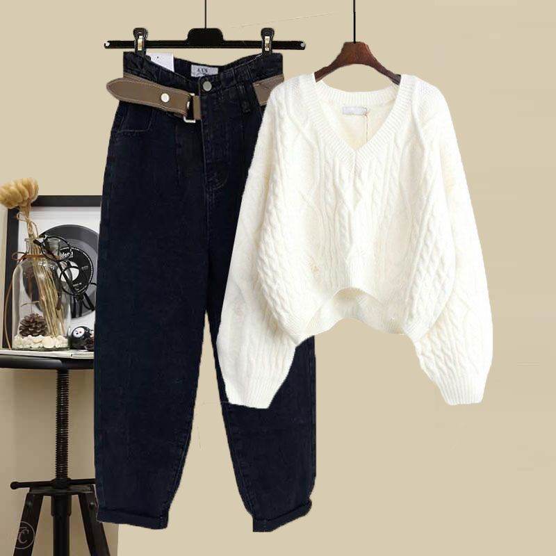 ホワイト/ニット.セーター+ブラック/パンツ