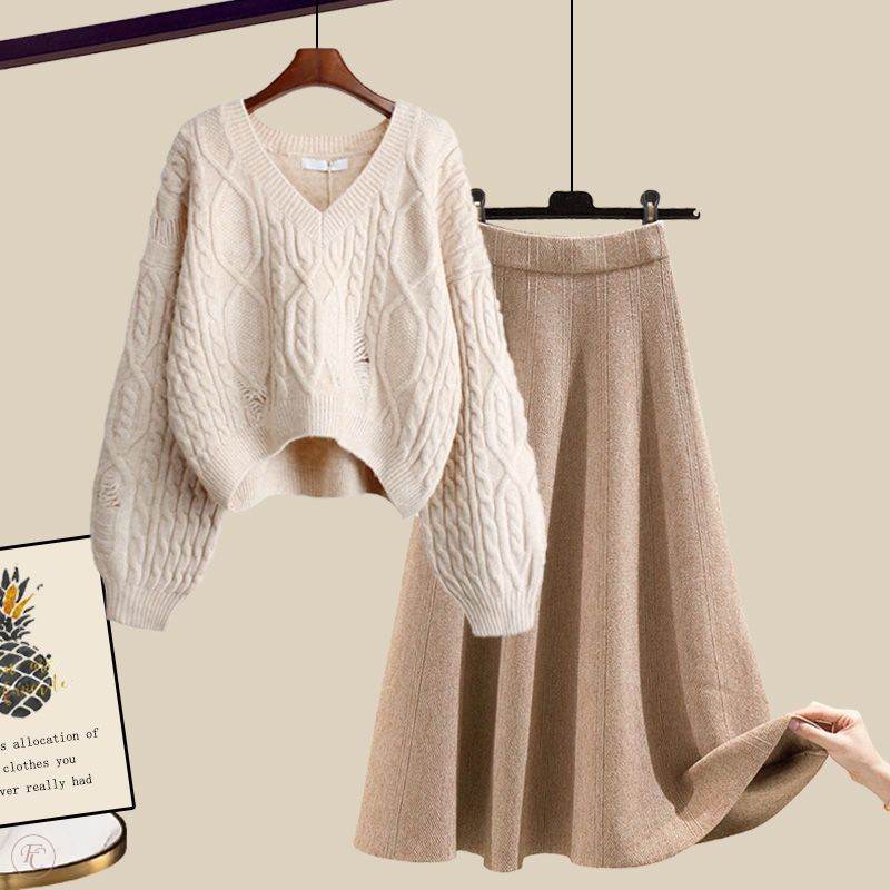 アイボリー/セーター+コーヒー/スカート