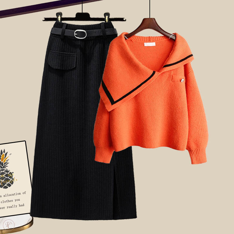 オレンジ/セーター+ブラック/スカート