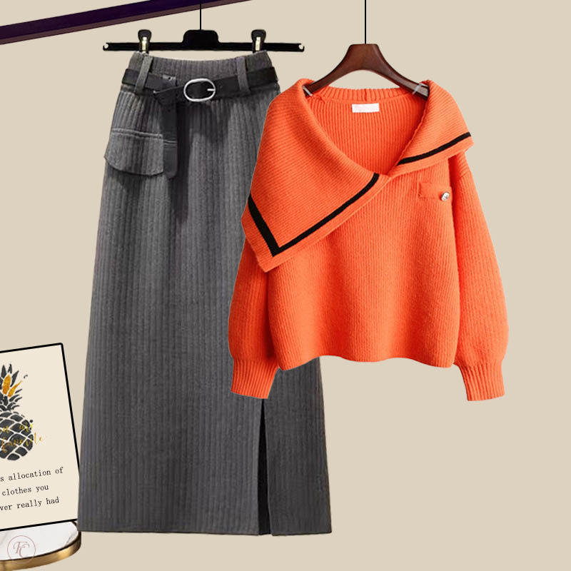 オレンジ/セーター+グレー/スカート