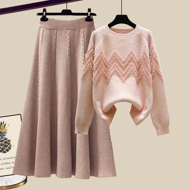 ピンク/セーター＋コーヒー/スカート