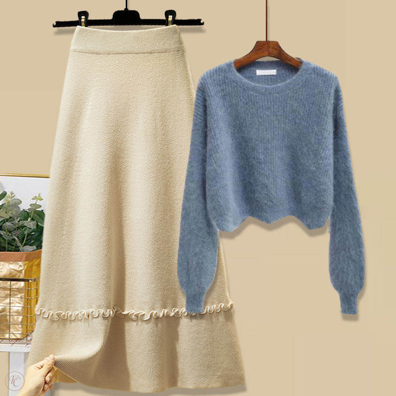 ブルー/ニット.セーター+アプリコット/スカート