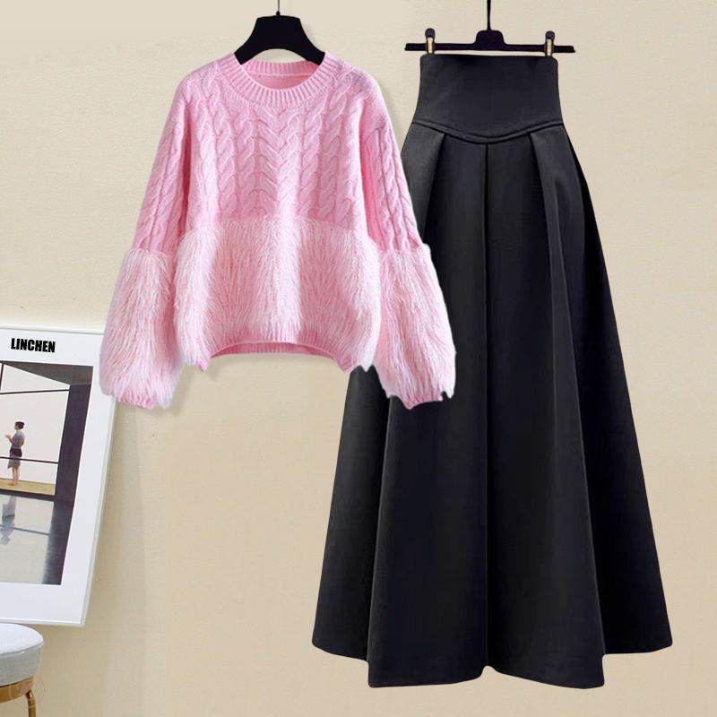 ピンク／セーター＋ブラック／スカート